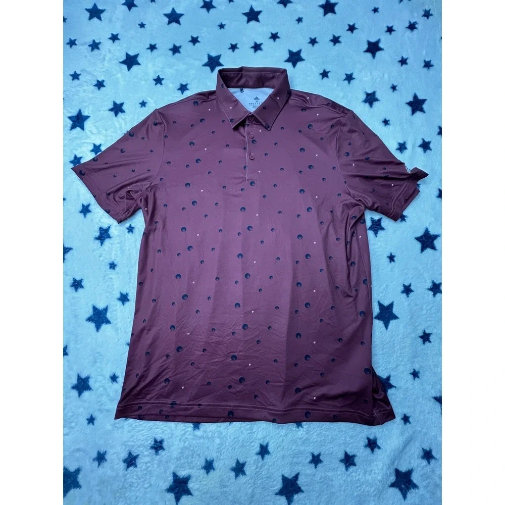 NWT Adidas Golf Polo Shirt Mens Medium Burgundy Dot Print Performance Golf